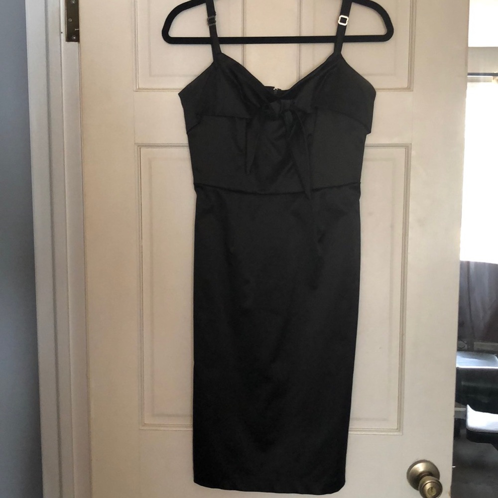Black satin body con dress with front tie detail